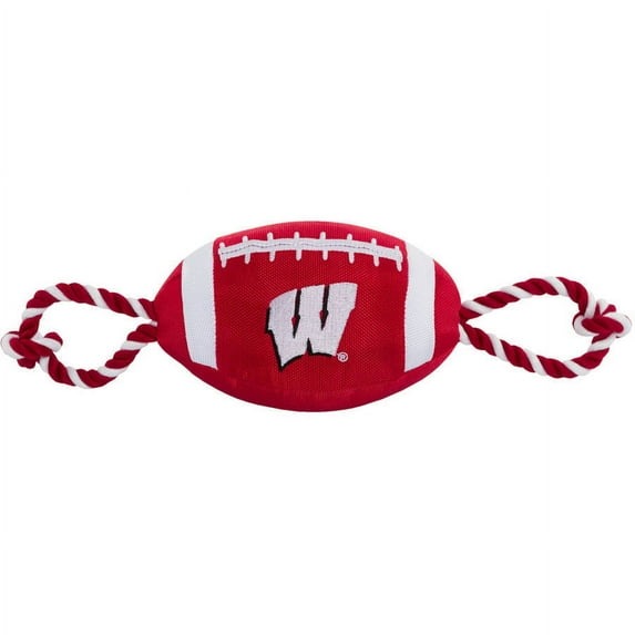 Pets First NCAA Wisconsin Badgers Strong, Durable, Chewable Football Dog Toy with Inner Squeaker and Side Ropes, Officialy Licensed