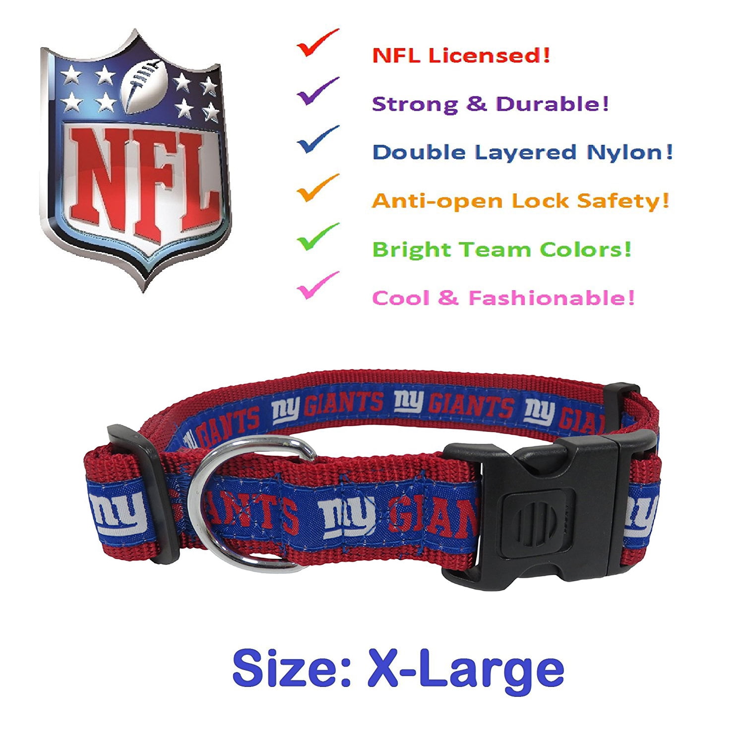 Pets First NFL New York Giants Dog Collar - Heavy-Duty, Durable & Adjustable Football Collar for Dogs/ CATS - Extra Large