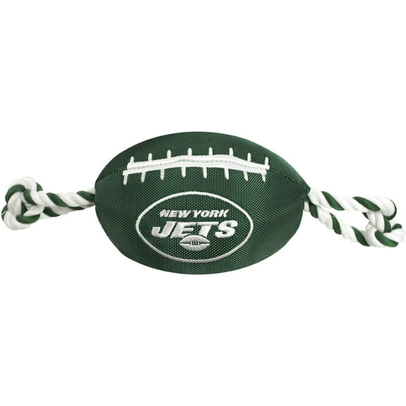 Pets First NFL New York Jets Strong, Durable, Chewable Pet Dog Football Toy with inner SQUEAKER & Side Ropes. Available in 32 NFL TEAMS. - Officialy Licensed