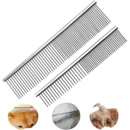 Pets Grooming Butter Combs Dogs Metal Double Sided Comb Steel Wide and Fine Tooth Combs Shedding Brushes Professional Cats Rabbits Combs Removing Matted Hair 2 PCS