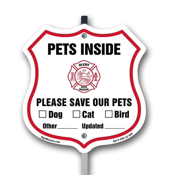 Pets Inside Shield Sign Alert Please Save Our Pets 12 inch X 12 inch Shield Shaped Rust-Free Aluminum Metal Sign with Aluminum Mounting Stake Weather Resistant, UV Protected for