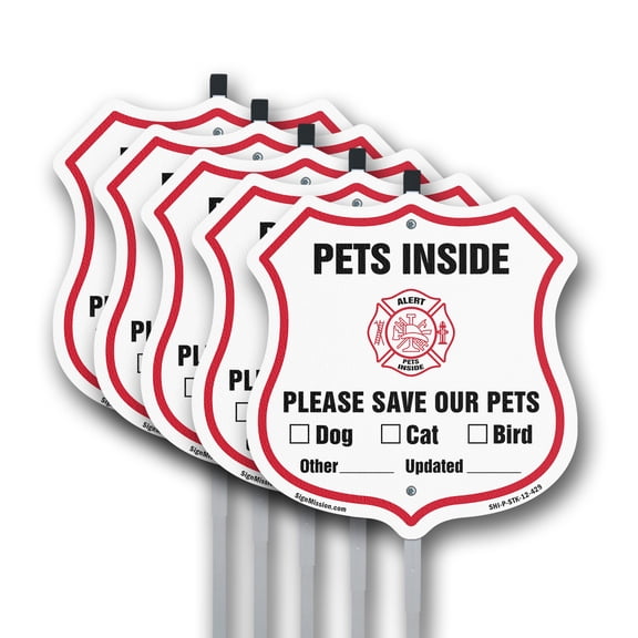 Pets Inside Shield Sign Alert Please Save Our Pets (5 Pack) 12 inch X 12 inch Shield Shaped Rust-Free Aluminum Metal Signs with Aluminum Mounting Stakes Weather Resistant, UV Protected