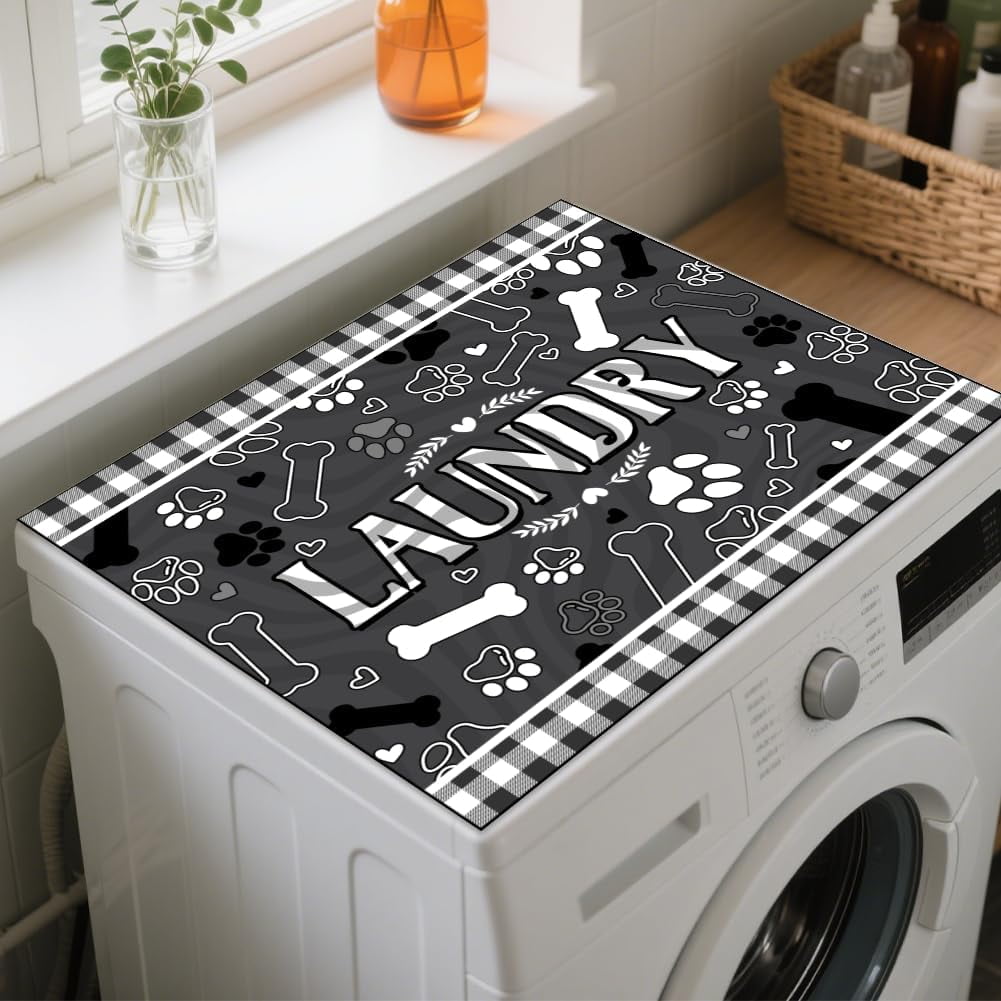 Pets Paw Laundry Room Washer Dryer Dust Cover Mat 23.6x19.7inch Paw Prints Washing Machine Top Protector Pads Retro Dog Cat Paw Non