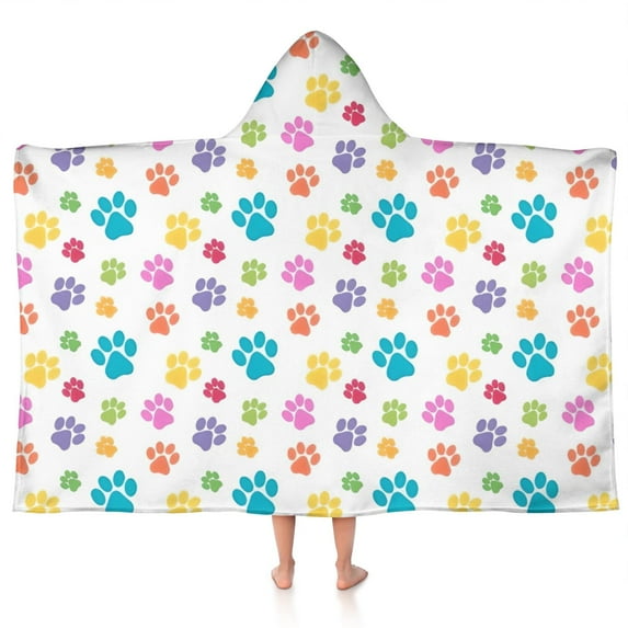 Pets Paws Print Colorful Hooded Bath Towel,50"x30" for Ages 3 To 12 Kids, Quick Dry Lightweight Soft Microfiber Hood Beach Towel Cover Up for Kids