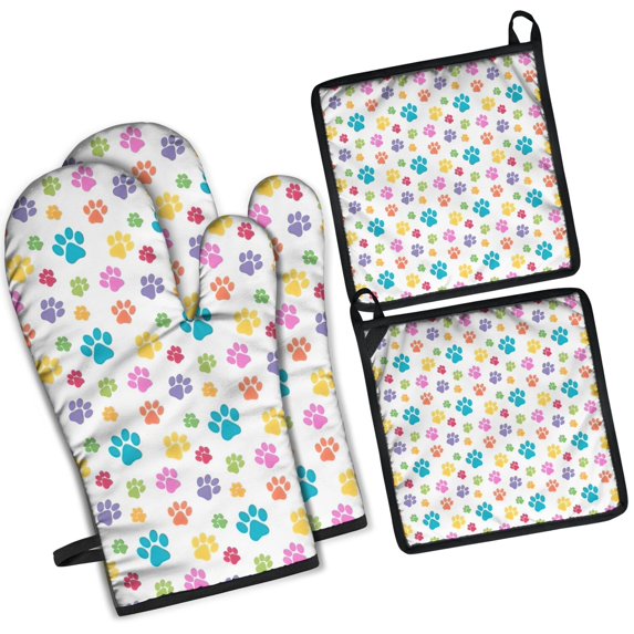 Pets Paws Print Colorful Kitchen Oven Mitt and Pot Holder Sets 4 Pcs for Baking, Cooking and Grilling, Heat Resistant Up To 392 °F