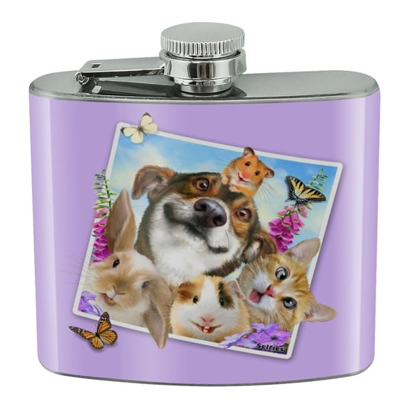 Pets Selfie Picture Dog Cat Guinea Pig Rabbit Stainless Steel 5oz Hip Drink Kidney Flask