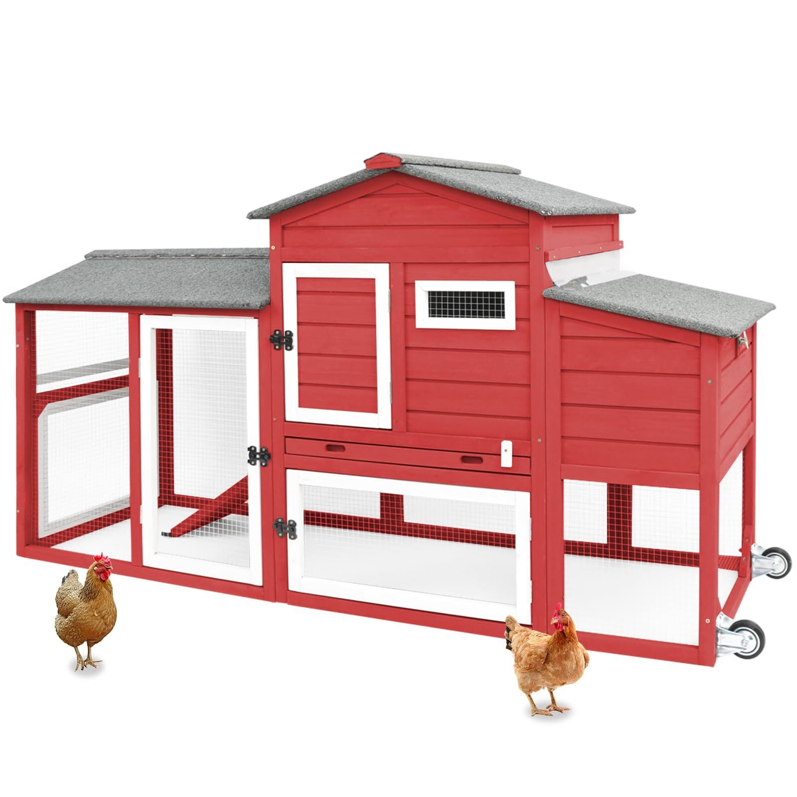 PetsCosset Chicken Coop with Wheels, Backyard Wooden Hen House Outdoor