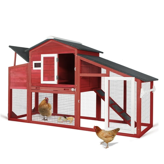 PetsCosset 71" Chicken Coop Large Wooden Backyard Hen House Outdoor for 2-3 Chickens, 2 Story Poultry Cage with Run, Nesting Box, Pull Out Trays, Red