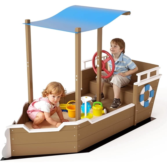 Pirate Boat Sandbox with Canopy, Kids Sandpit with Steering Wheel & Seats, 62.3 x 27.8 x 40.9 in