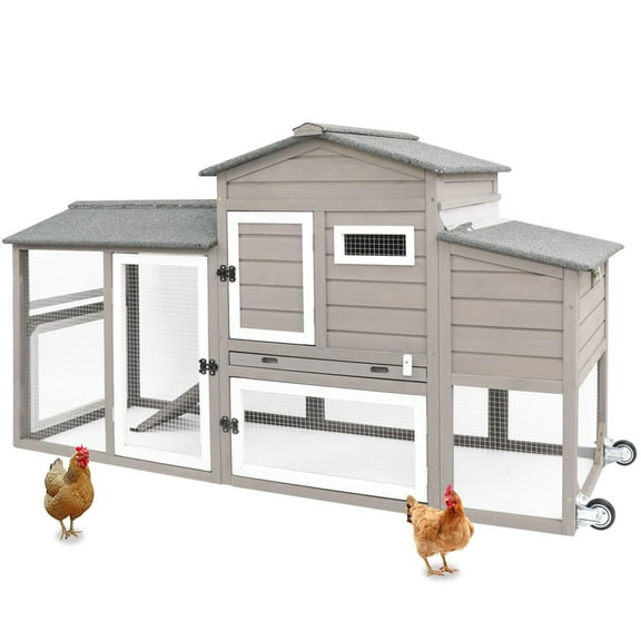 PetsCosset Large Chicken Coop with Wheels, Backyard Wooden Hen House Outdoor for 2-3 Chickens, 2 Story Poultry Cage Chicken Coop and Run, Nesting Box, Pull Out Trays, for Small Animals Rabbit Duck