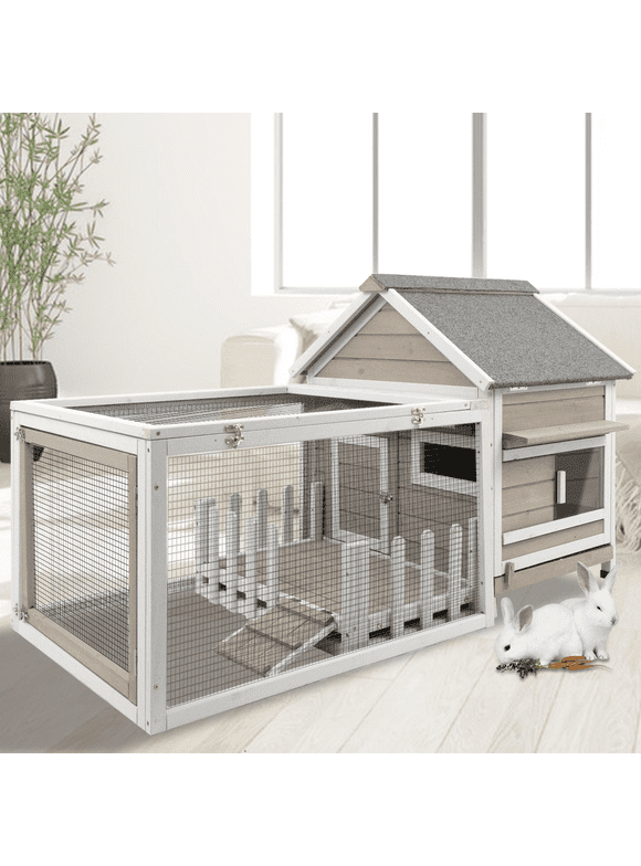 PetsCosset Large Rabbit Hutch with White Picket Fence Front Porch Rabbit Cage with Ramp Outdoor Bunny Cage Indoor Guinea Pig House, Waterproof Roof, Pull Out Tray, Waterproof Asphalt Roof