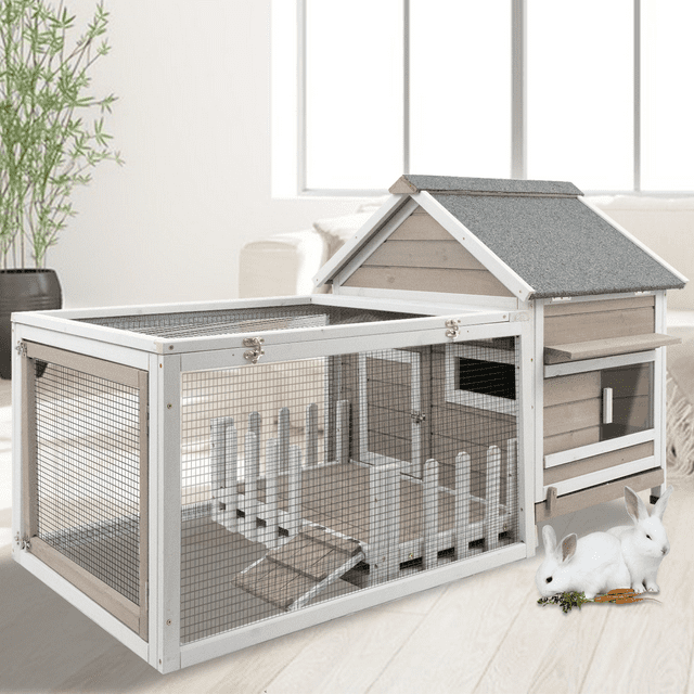 PetsCosset Large Rabbit Hutch with White Picket Fence Front Porch