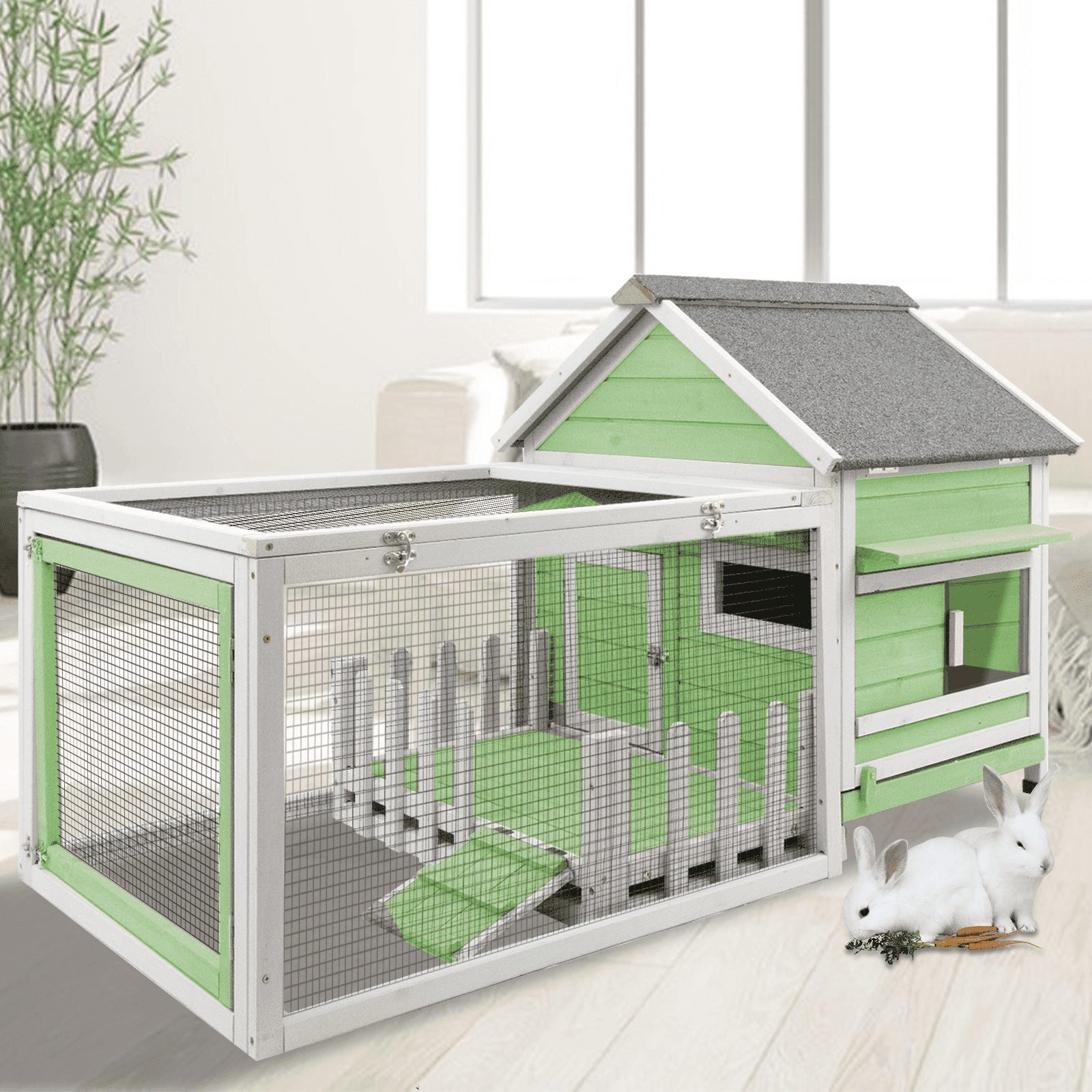 PetsCosset Large Rabbit Hutch with White Picket Fence Front Porch