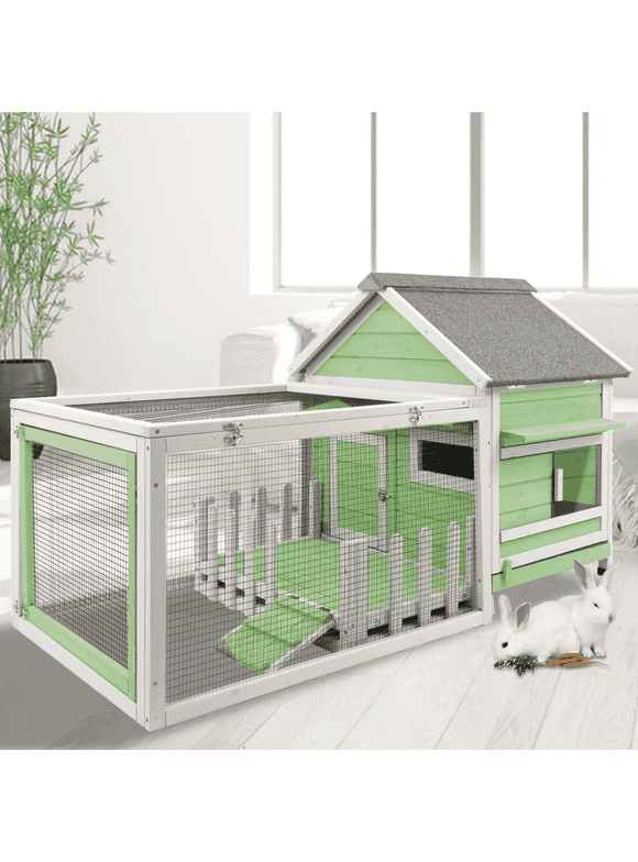 PetsCosset Large Rabbit Hutch with White Picket Fence Front Porch Rabbit Cage with Ramp Outdoor Bunny Cage Indoor Guinea Pig House, Waterproof Roof, Pull Out Tray, Waterproof Asphalt Roof