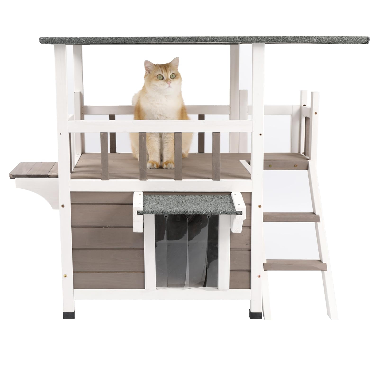 Two-Story Gray and White Fir Wood Outdoor Cat House