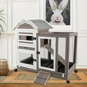 PETSCOSSET 37.52" Rabbit Hutch Bunny Cage Guinea Pig House with Wheels Small Pet House for Guinea Pig Indoor & Outdoor, Gray