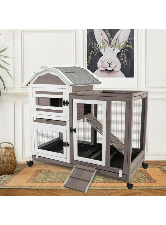 PetsCosset Rabbit Hutch - 2 Story Rabbit Cage on Wheels Indoor Bunny Hutch with Run Outdoor Guinea Pig Cage with Waterproof Asphalt Roof,Pull Out Tray, Ramp for Small Animals, Grey