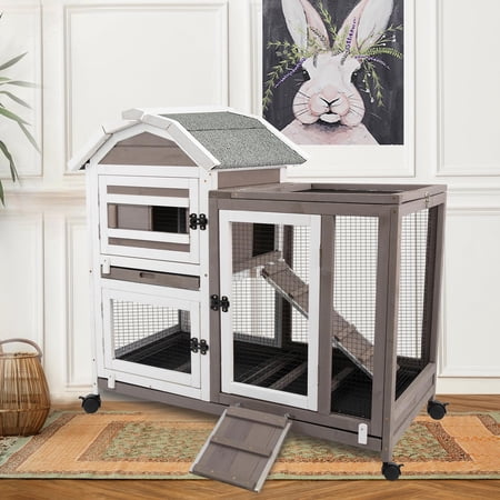 PetsCosset Rabbit Hutch - 2 Story Rabbit Cage on Wheels Indoor Bunny Hutch with Run Outdoor Guinea Pig Cage with Waterproof Asphalt Roof,Pull Out Tray, Ramp for Small Animals, Grey