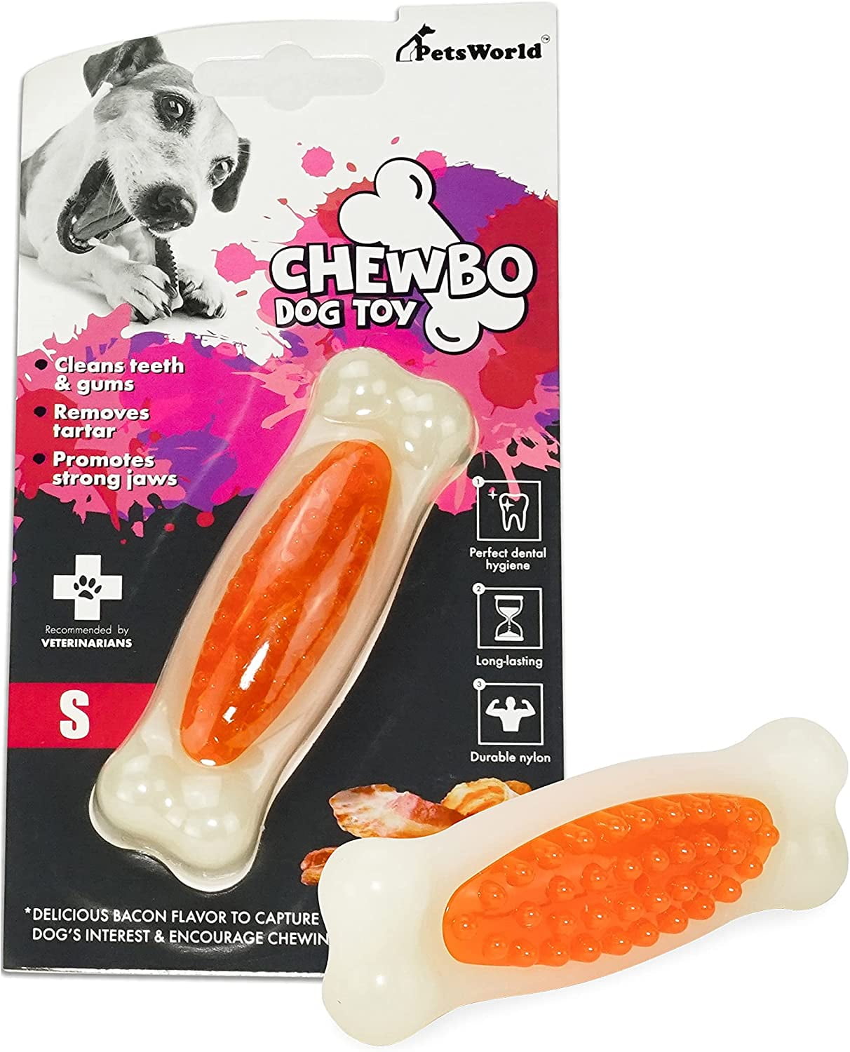 PetsWorld Dental Chewy Bacon Dog Toy, S, 2 Ct