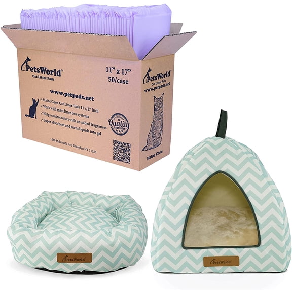 PetsWorld Super Value Cat Starter Kit, Includes Comfy Cat Plush Tent Bed + Donut Cat Cushion + Cat Litter Pads 50 Count