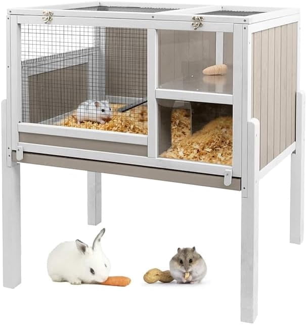 Petsblublu 2-Story Outdoor Indoor Guinea Pig Cages, Wooden Rabbit Hutch with 4 Detachable Legs, Leakage Pull-Out Tray