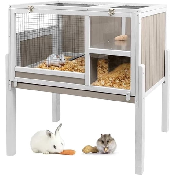 Petsblublu Wooden 2-Story Guinea Pig Cage with Pull-Out Tray and Legs, Gray