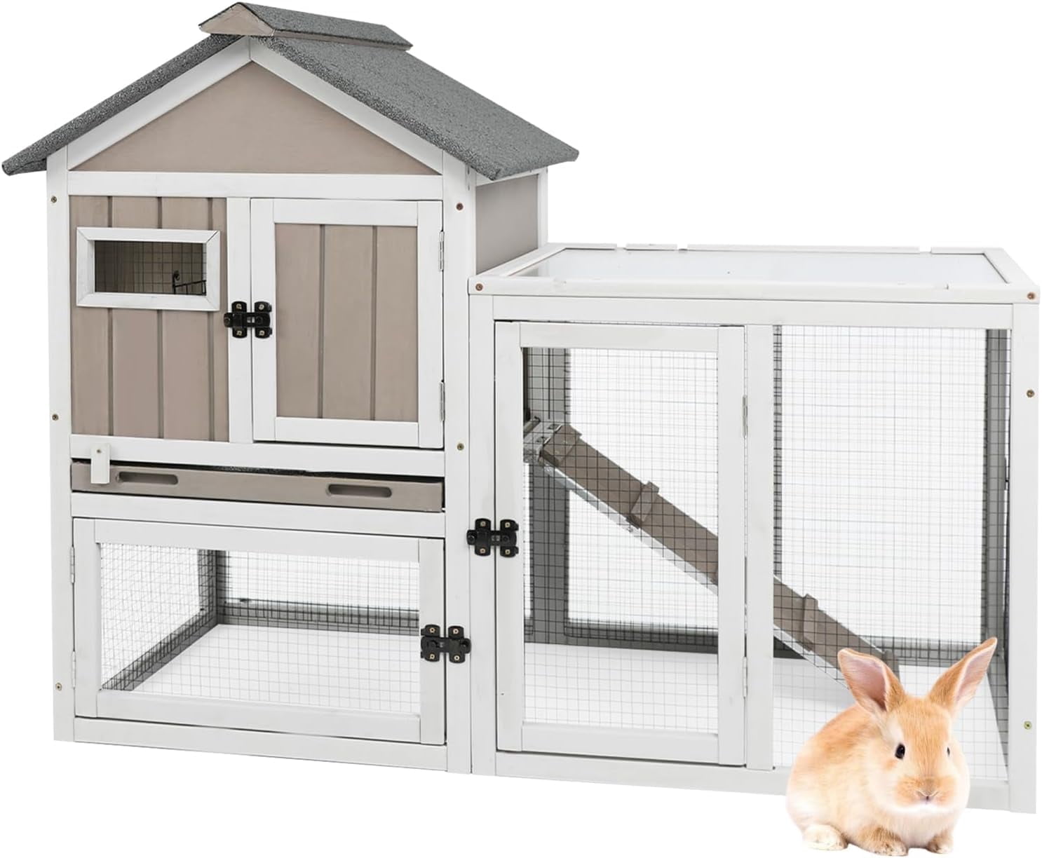 Petsblublu 47''L Rabbit Hutch Outdoor Wooden Indoor 2 Story Bunny House with Waterproof Roof