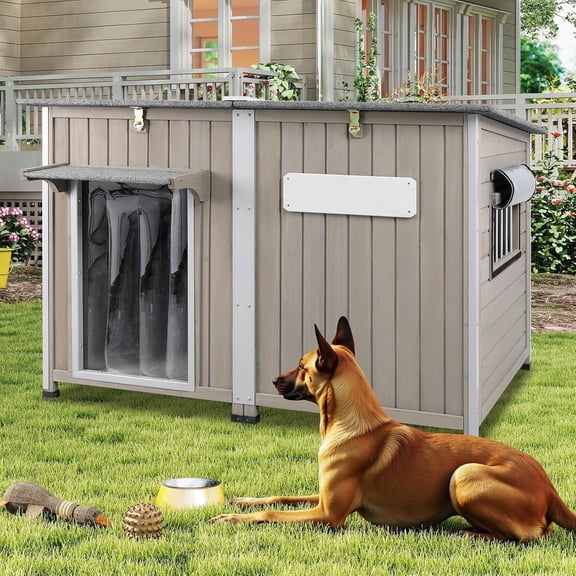 Petsblublu 50" L Large Wooden Outdoor Dog House Weatherproof Dog Kennel with Anti-Chewing Iron Frame