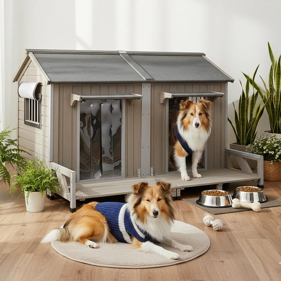Petsblublu 59"L Wooden Outdoor Large Dog House for 2 Dogs with Large Balcony