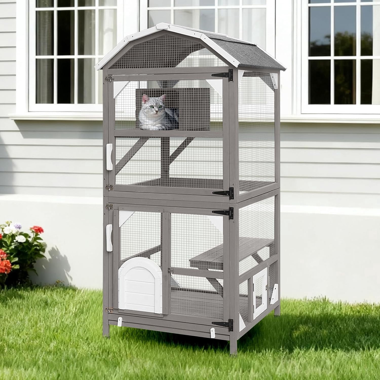 Petsblublu 71"H Outdoor Cat Enclosure Wooden Cat House 4 Tiers with Removable Floor