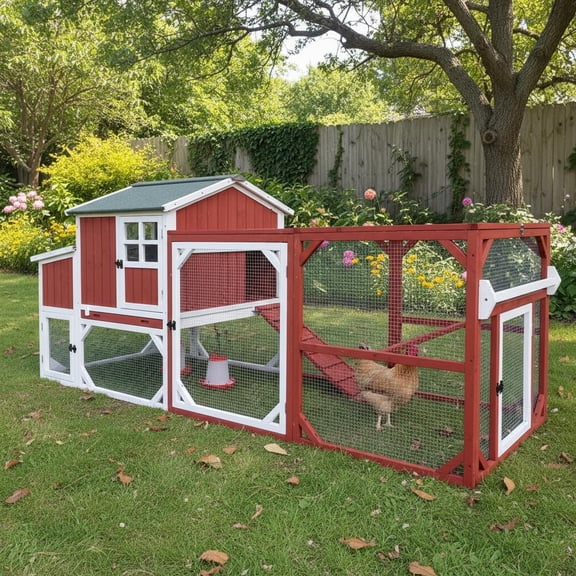 Petsblublu 95.3" L Outdoor Large Chicken Coop with Run, Chicken Tractor Hen House with 3 Nesting Boxes, Red