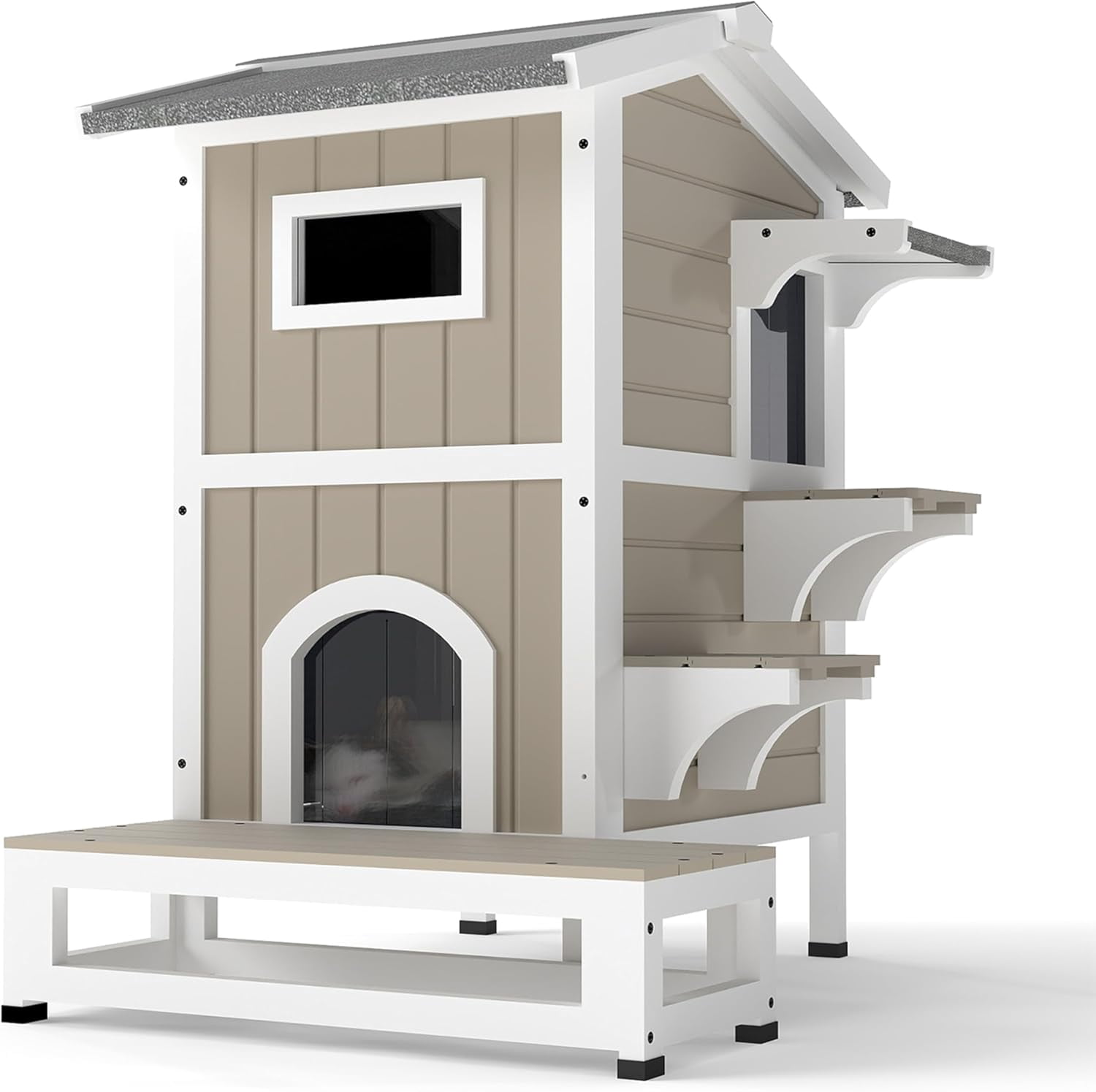 Petsblublu Insulated Outdoor Weatherproof Cat House Two Story Cats Shelter for Winter, with Jumping Platforms