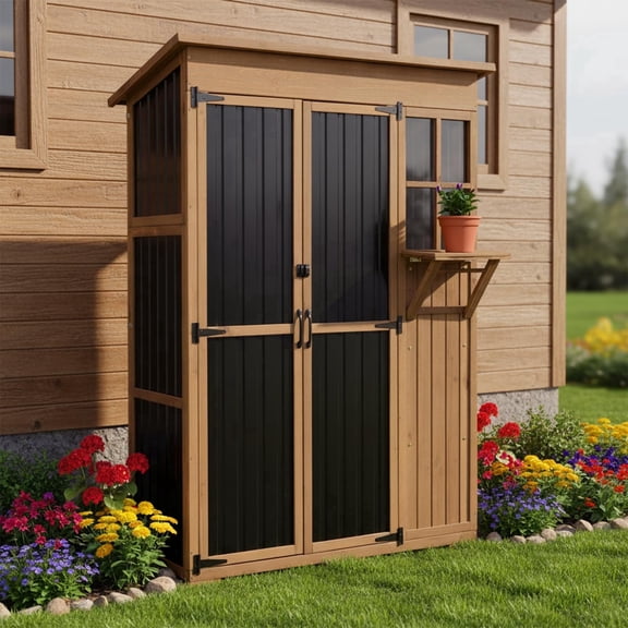 Petsblublu Large Storage Shed, Wood & Metal Outdoor Storage Cabinet for Patio Backyard, Garden Garage Tool Shed, Brown