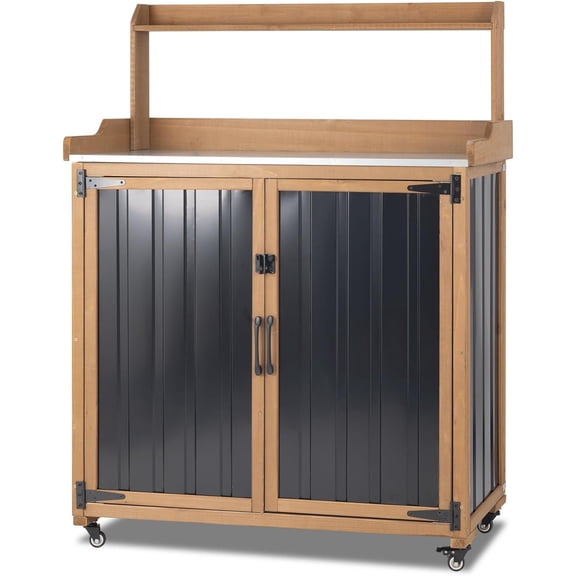 Petsblublu Outdoor Potting Bench Storage Cabinet, Garden Table with Metal Top&Shelf for Backyard