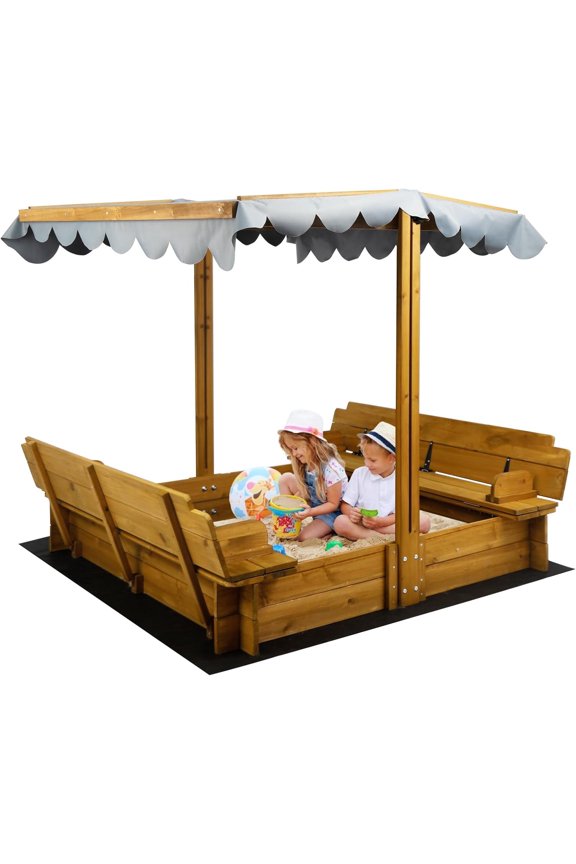Wooden Kids Sandbox with Lid, Outdoor Sand Box with Canopy and Two Foldable Bench Seats