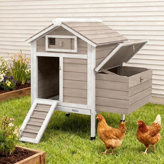 Petsblublu Wooden Small Chicken Coop Outdoor Hen House with 2 Nesting Box, 32" L x 23.6" W x 36.6" H