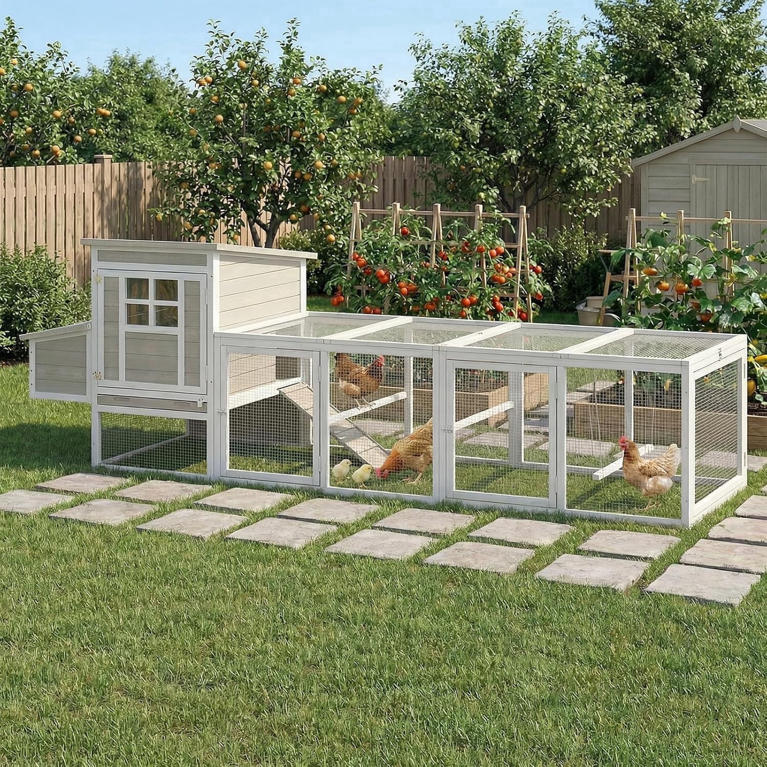 PETSCOSSET Outdoor Wooden Large Chicken Coop for 4–6 Chickens, Elevated 2-Tier Hen House, Backyard Poultry Coop