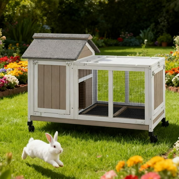 Petscosset Rabbit Hutch Indoor - Rabbit Cage Indoor Rabbit Hutch Two Story Bunny Cage Fir Wooden Rabbit Cage On Wheels, Ramp, Two Deep No Leak Indoor Rabbit Hutch with Pull Out Tray