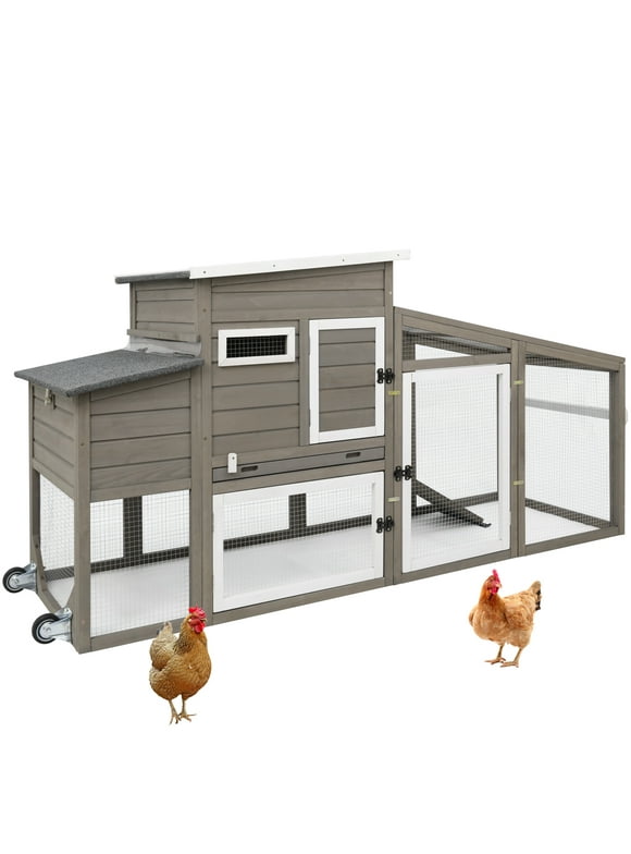 Petscosset Wooden Chicken Coop, Large Chicken House Outdoor, Poultry Cage with Nesting Box, Waterproof, UV Proof, Wheels, for Rabbit, Hen, Duck(78" L X 23.6" W X 39.4" H),Grey
