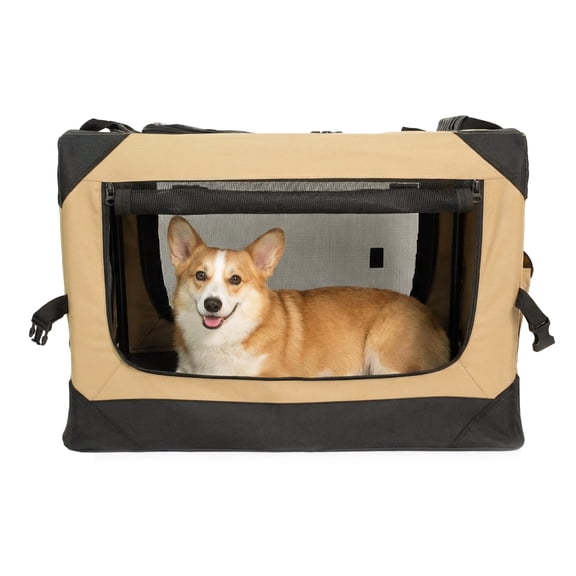 Petsee Collapsible Dog Crate - Portable Travel Kennel for Extra Large Dog, 4-Door Pet Crate with Mesh Windows, Indoor & Outdoor, Beige & Gray