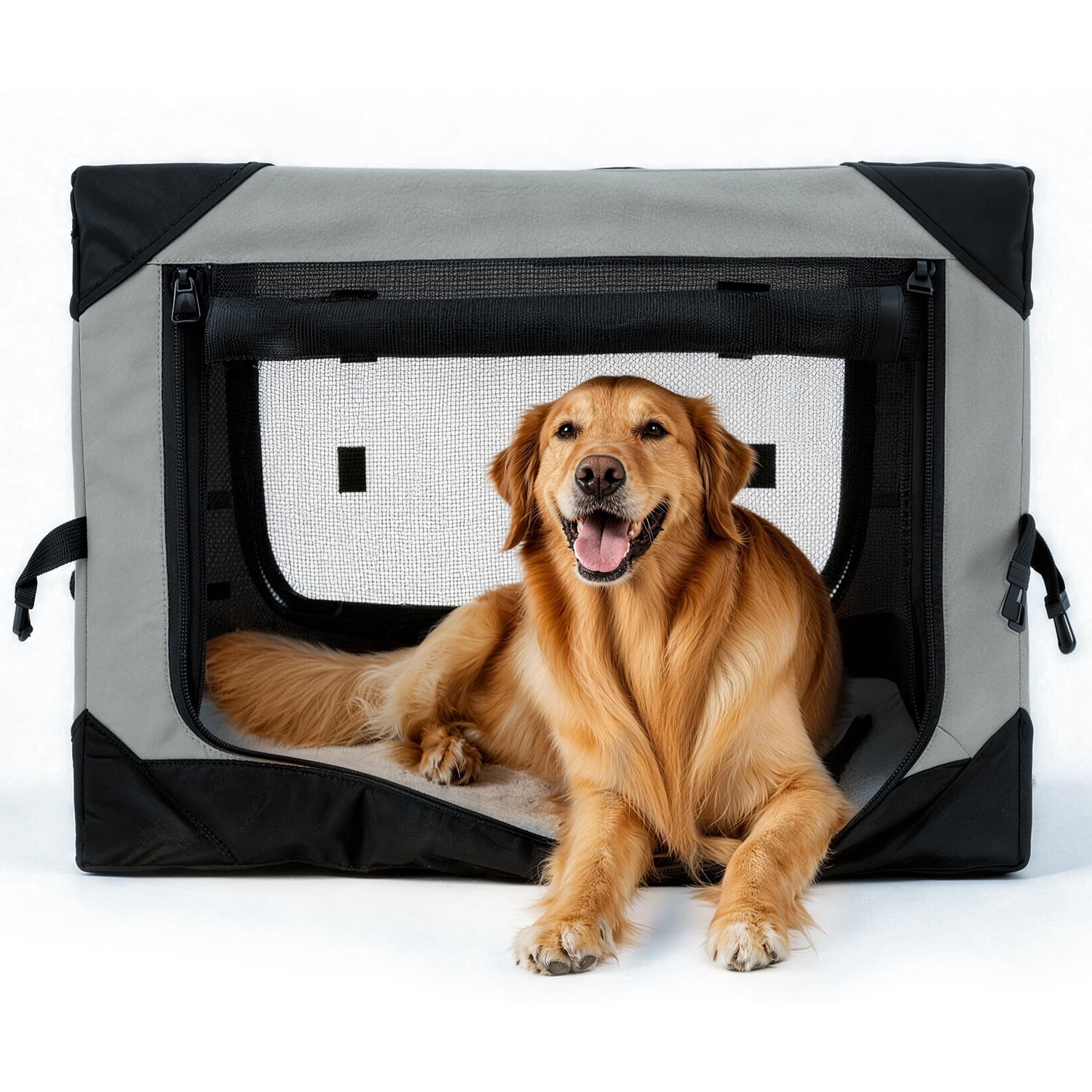 Petsee Collapsible Dog Crate - Portable Travel Kennel for Extra Large Dog, 4-Door Pet Crate with Mesh Windows, Indoor & Outdoor, Beige & Gray
