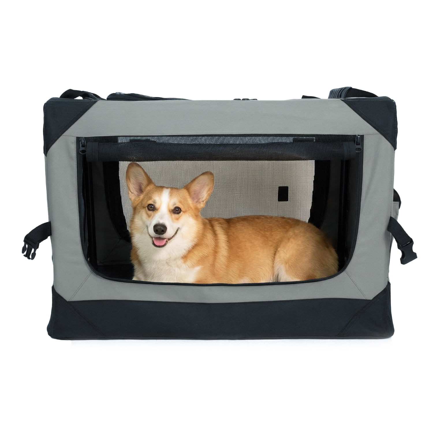 Petsee Collapsible Dog Crate - Portable Travel Kennel for Extra Large Dog, 4-Door Pet Crate with Mesh Windows, Indoor & Outdoor, Beige & Gray