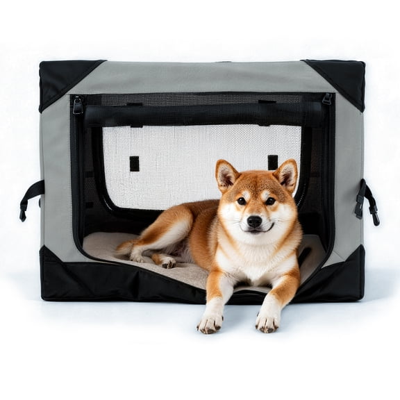 Petsee Portable Soft Dog Crate for Travel, Collapsible Dog Crate with Breathable Mesh and Carry Handle, Soft Kennel for Home and Car Use, Gray