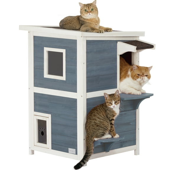 Petsfit 2-Story Weatherproof Outdoor Kitty Cat House/Condo/Shelter with Escape Door Gray