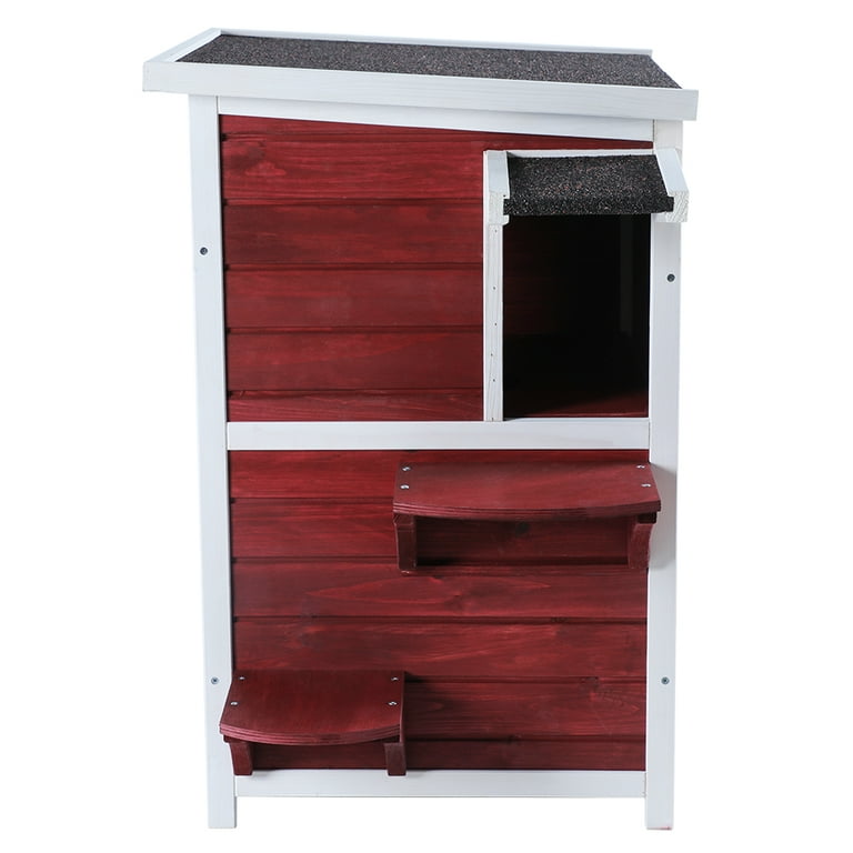 Petsfit 2 Story Weatherproof Outdoor Kitty Cat House Condo Shelter with Escape Door Red