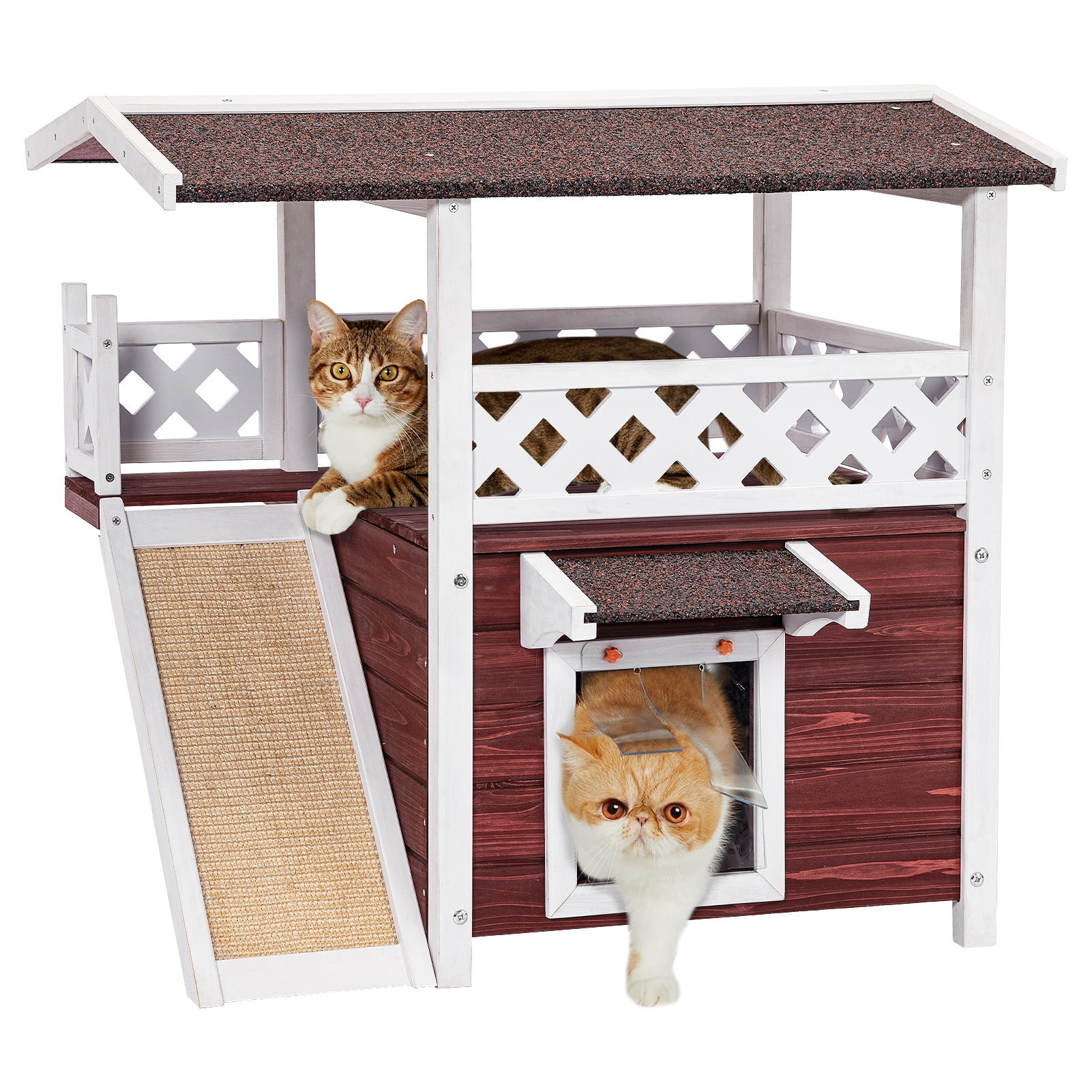 Petsfit 2-Story Outdoor Cat House with Scratching Board & Stairs, Red