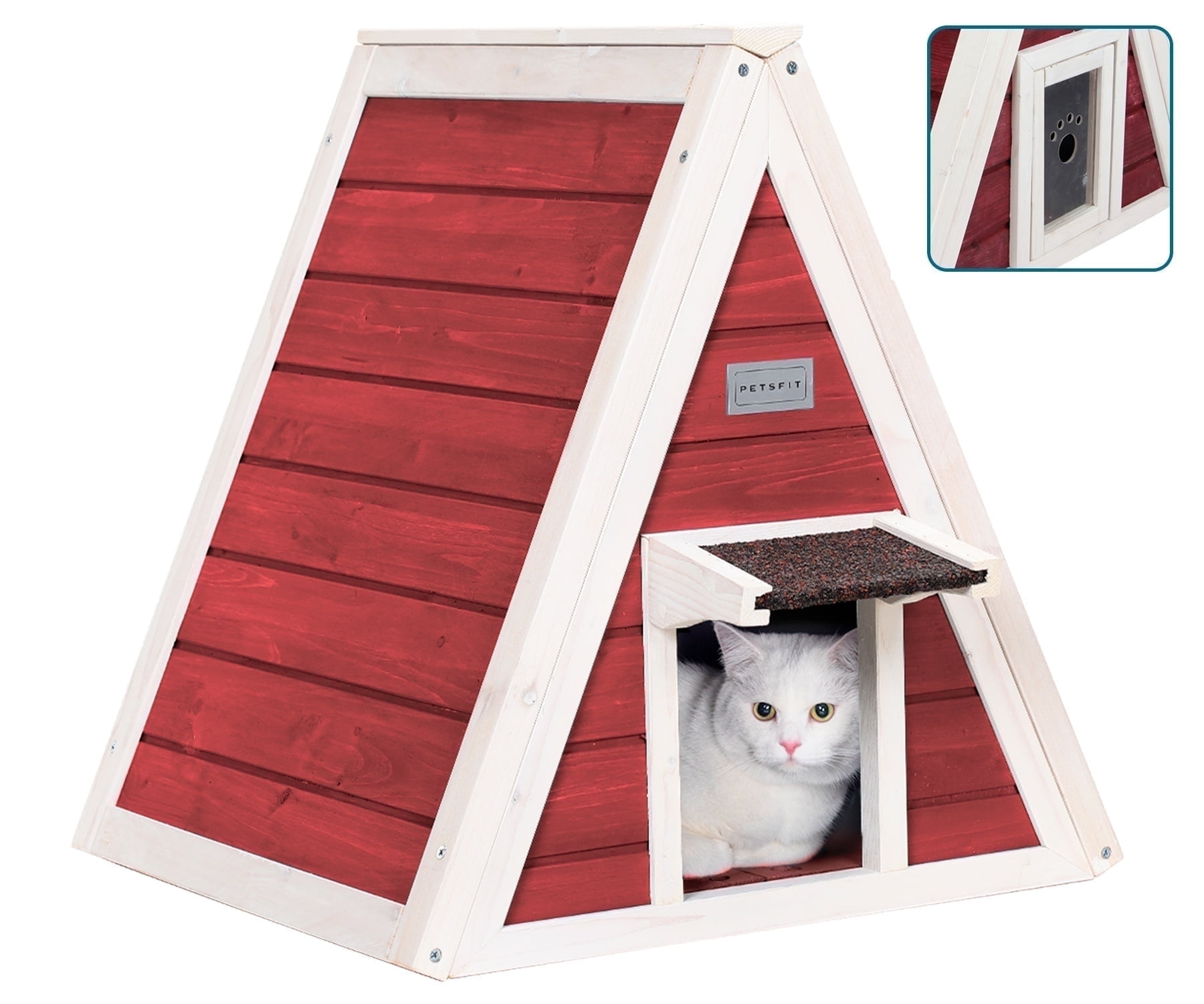 Petsfit Outdoor Cat House Weatherproof, Outside Feral Cat House with Escape Door,Outdoor Indoor Pet House for Small Animal,Red