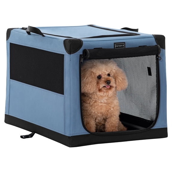 Petsfit Dog Travel Crate, Adjustable Fabric Cover by Spiral Iron Pipe, Chew Proof 3 Door Design, Portable Collapsible Pet Crate Blue
