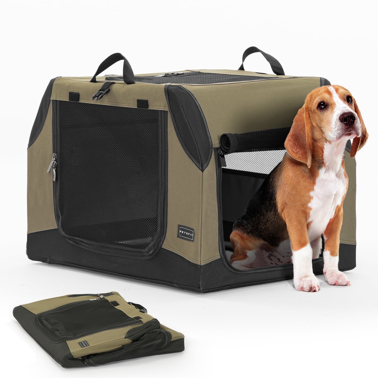 Petsfit 30 Inch Dog Kennel Indoor, Adjustable Fabric Cover by Spiral Iron Pipe, Chew Proof 3 Door Design, Soft Sided Collapsible Dog Crate Green