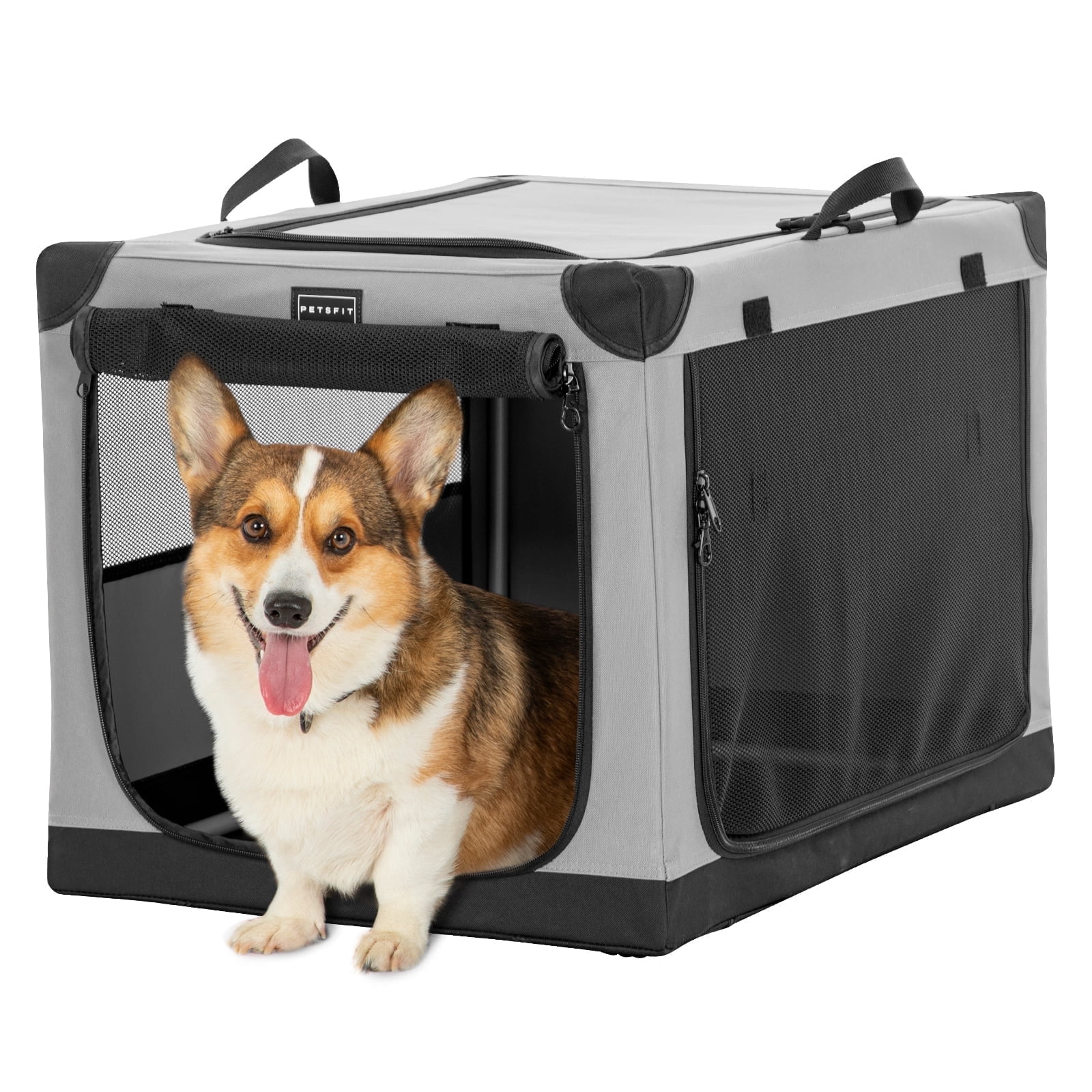 Petsfit 30 Inch Travel Dog Crate, Adjustable Fabric Cover by Spiral Iron Pipe, Chew Proof 3 Door Design, Portable Collapsible Dog Crate Grey